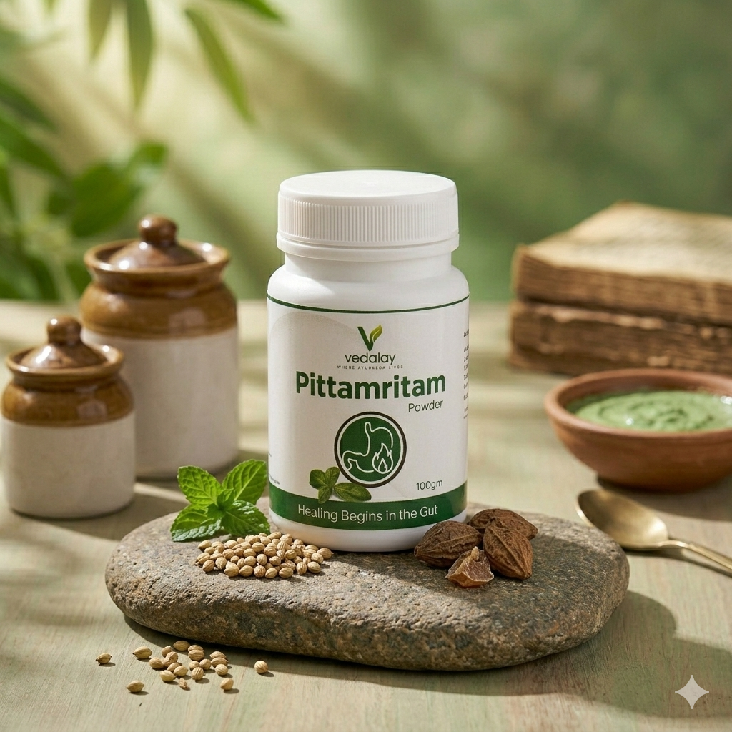 Vedalay Pittamritam Powder – Natural Acidity Relief, Heartburn Soother & Cooling Digestive Support (100g)